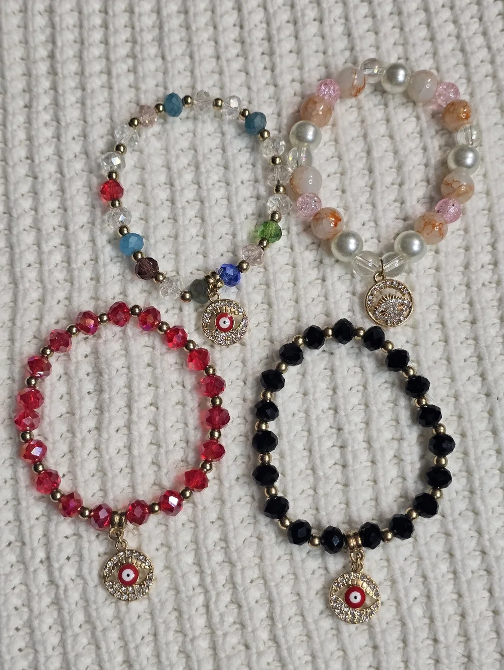 Lucky Aura Evil Eye Beaded Charm Bracelet in Rainbow, Blush, Red, Black